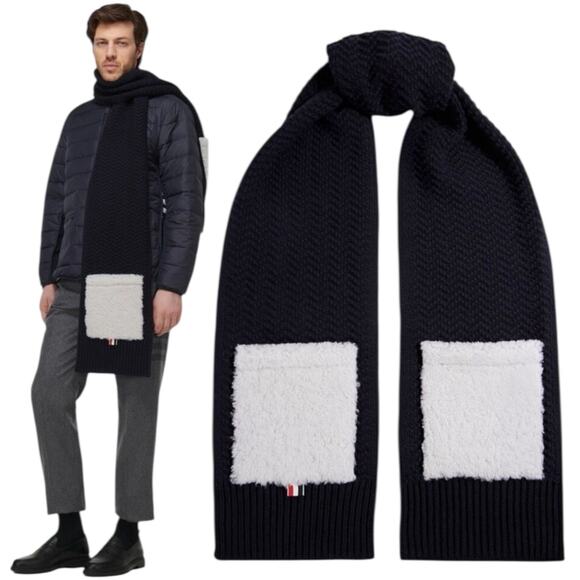Thom Browne Shearling Trimmed Knit Wool Scarf Navy Blue Men 85" - Picture 1 of 9
